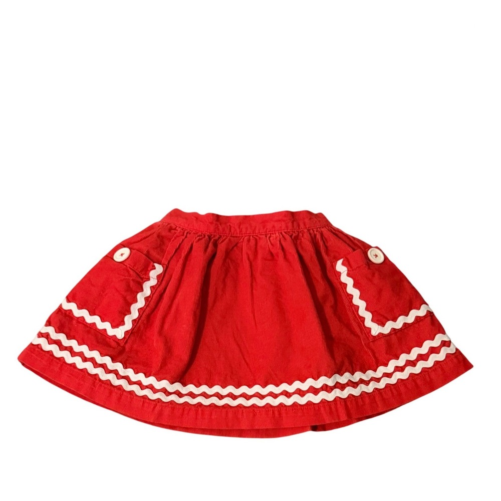 Mini Boden Girls Red Corduroy Ric Rac Trim Floral Lined Skirt Size 2-3Y Holiday
